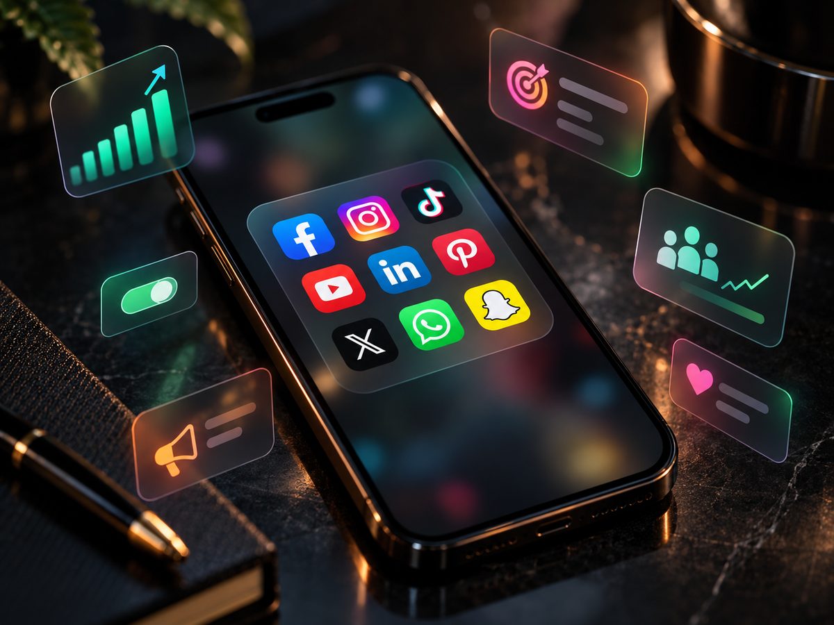 Sosyal medya uygulama simgeleri ve reklam performans göstergeleriyle akıllı telefon