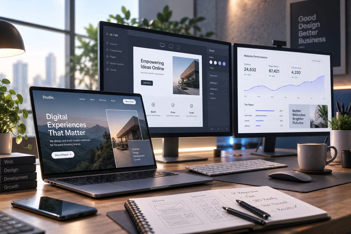 Laptop ve monitörlerde web tasarımı ve site performans panosu
